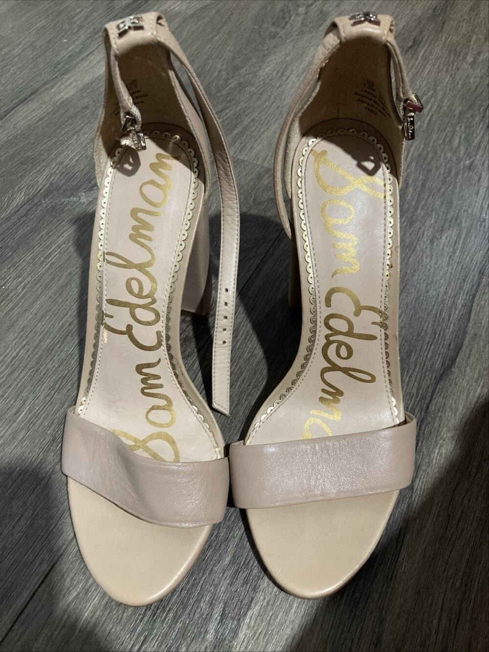Sam Edelman Sandal Womens 5.5 Beige Leather Slingback Block Heel Buckle